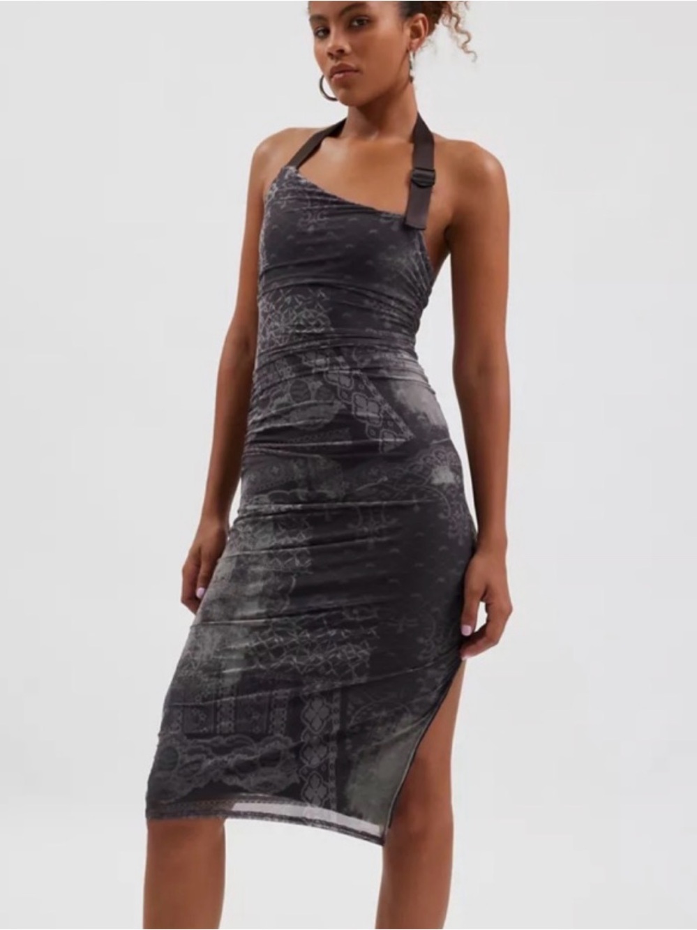 silence + noise Charcoal Halter Lace-Print Midi Dress